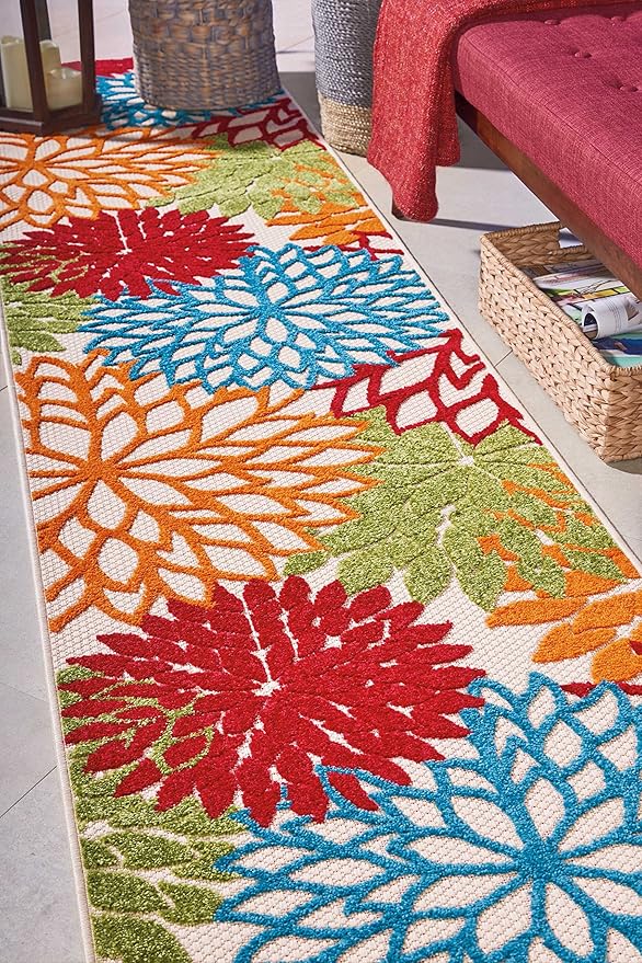 Nourison Home Aloha Indoor/Outdoor Green 2'3'' x 10' Area--Rug, Tropical, Botanical, Easy--Cleaning, Non Shedding, Bed Room, Living Room, Dining Room, Deck, Backyard, Patio (2x10)