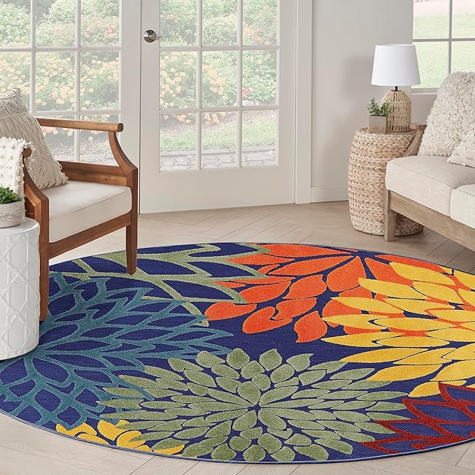 Nourison Home Washables 94x94 Outdoor Polypropylene Fabric Rug in Blue/Multi-Color