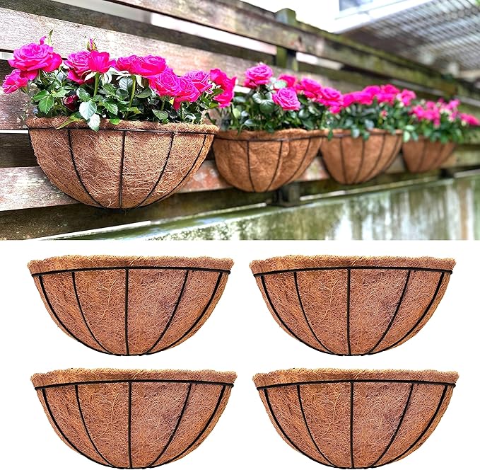 LaLaGreen Large Wall Flower Baskets, 4 Pack, 16 Inch Rail Planter for Outdoor Plants, Metal Wire Plants Holders with Coco Liner Outside Fence Balcony Garden Pots Railings Hanging Deck Porch Decor