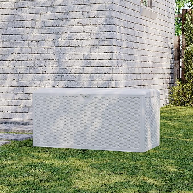 99 Gallon Waterproof Large Resin Deck Box Indoor Outdoor, Lockable Storage Container for Patio Furniture Cushions, Throw Pillows, Garden Tools, and Pool Floats White 50" L x 26" W x 25" H