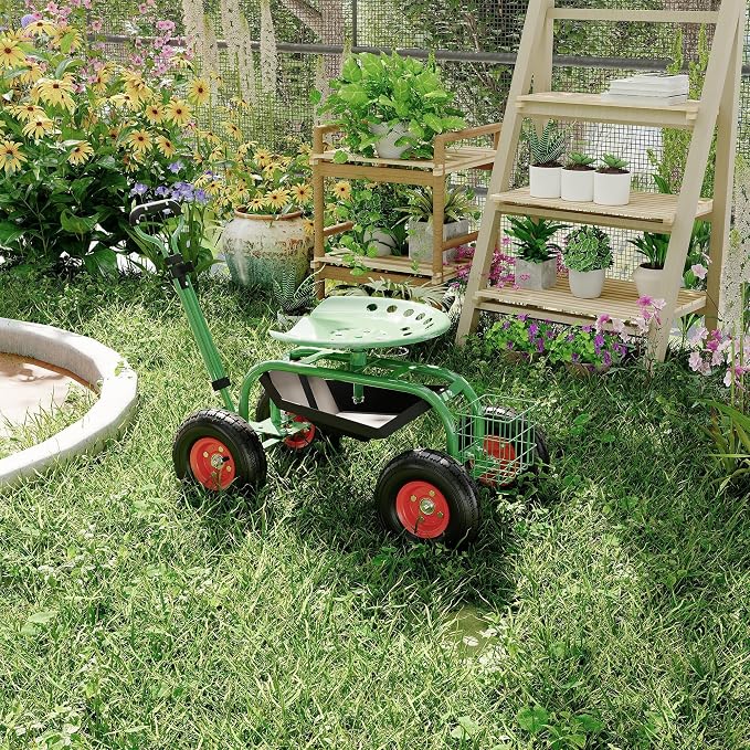 Garden Cart Rolling Workseat with Wheels, Gardening Stool with 360° Swivel Seat, Steering Handle & Large Utility Tool Tray for Planting, Weeding, Lawn Care