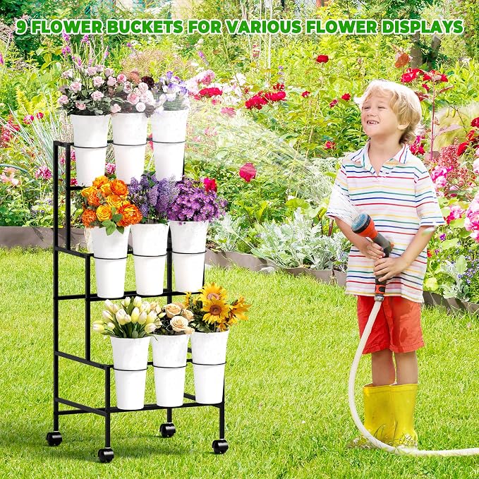 Flower Display Stand with 9 Buckets，3 Tier Metal Flower Cart Display Stand with Wheels, Flower Bar Stand for Garden Flower Shop Indoor Outdoor Wedding Party Decor