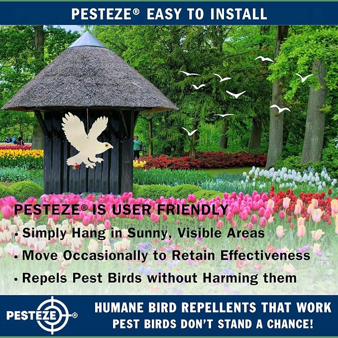 PESTEZE USA Owl Bird Repellent Holographic Decoy with 2 Bells [12.5 × 16 in] Uses Reflective Shine and Sound to Deter Woodpeckers, Pigeons, Crows, Ducks, Geese & Outdoor Pests Safely Around Your Home