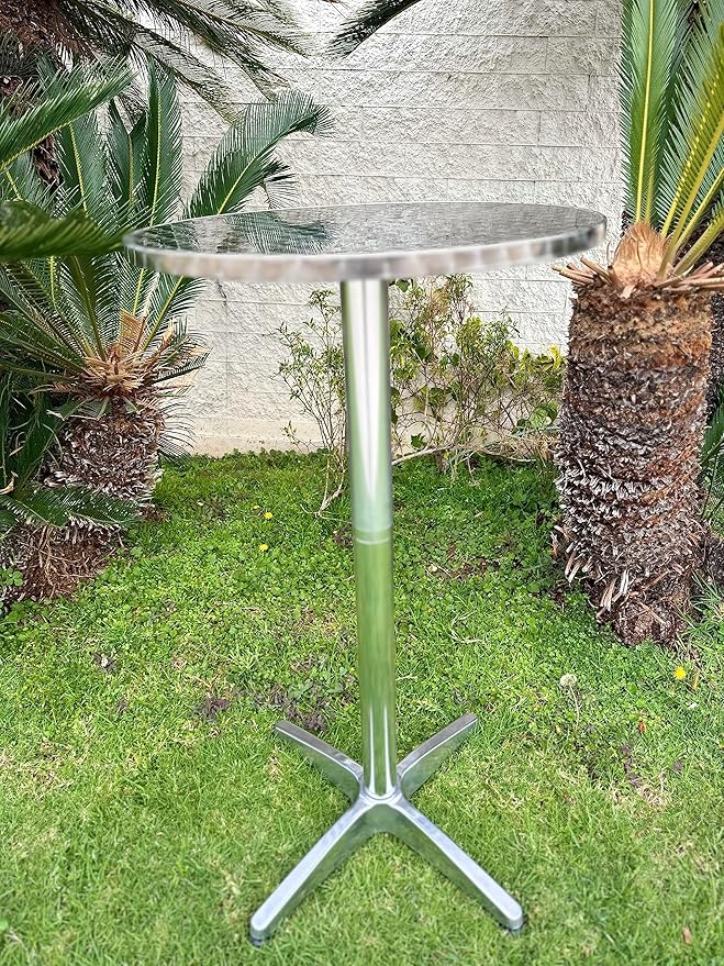 BTEXPERT Set of 2, Aluminum Indoor Outdoor 23.75" Round Restaurant Bar Height 44" Table fix top, Patio Stainless Steel Silver Furniture 25.75" Base