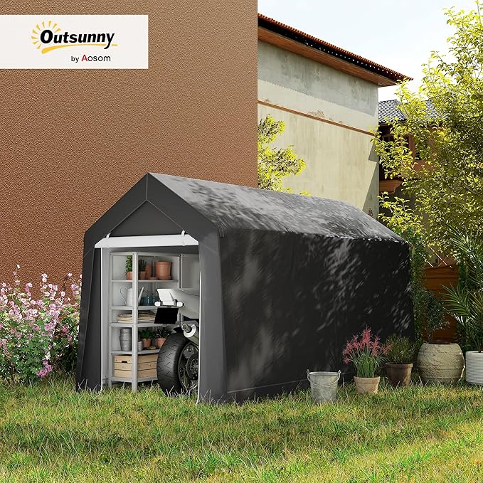 Outsunny 7' x 12' Portable Storage Shed Shelter, Heavy Duty Outdoor Shed, Waterproof Garden Storage Tent with Ventilation Window and Roll-up Zipper Door for Bike, Motorcycle, Garden Tools, Gray