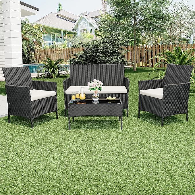 GAOMON 4 Piece Patio Furniture Set, Modern Patio Conversation Set with Glass Coffee Table, PE Wicker & Cushions for Poolside, Deck, Balcony, Black & Beige