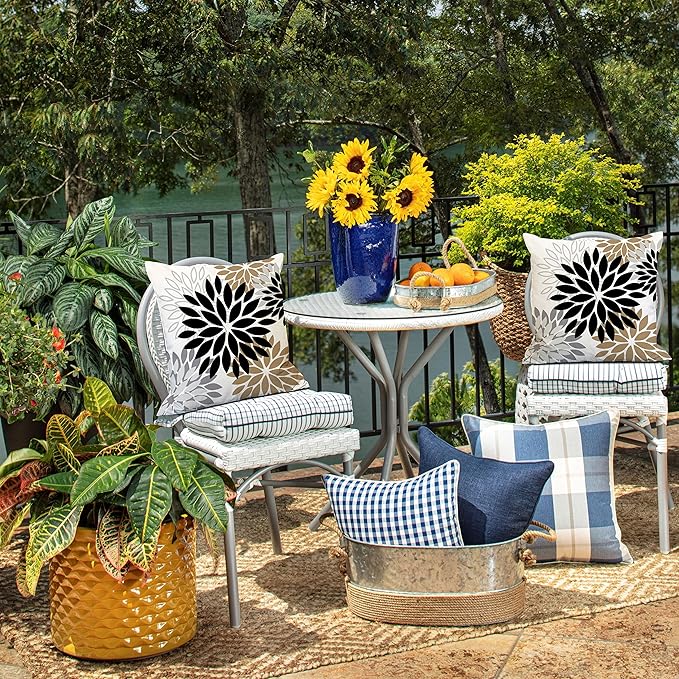 DFXSZ Black Brown Outdoor Pillow Covers 16x16 Inch Set of 2 White Gray Flower Throw Pillows Farmhouse Outdoor Modern Floral Polyester Square Cushion Case Decor for Patio Funiture Garden 002B16
