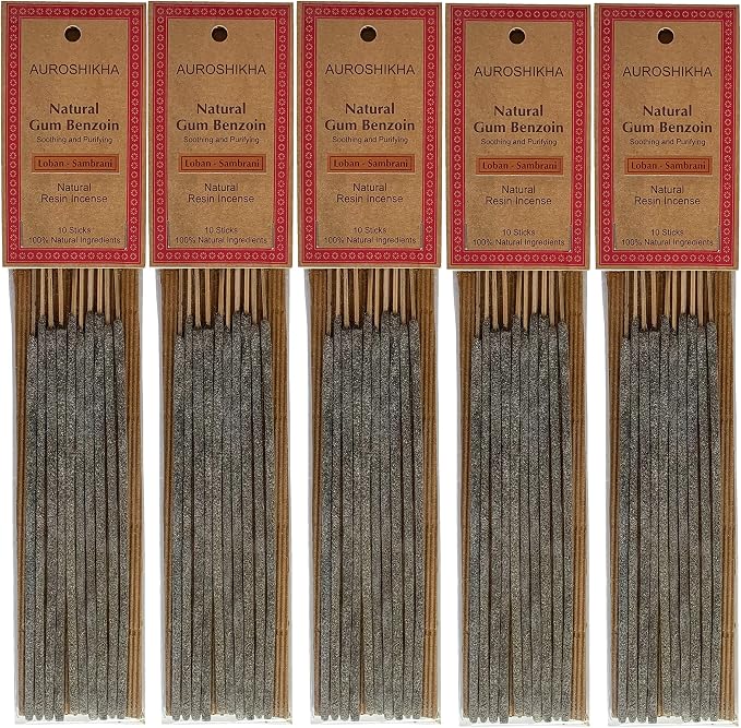 Auroshikha Natural Resin Gum Benzoin - Incense Sticks (5 Pack, Total 50 Sticks)