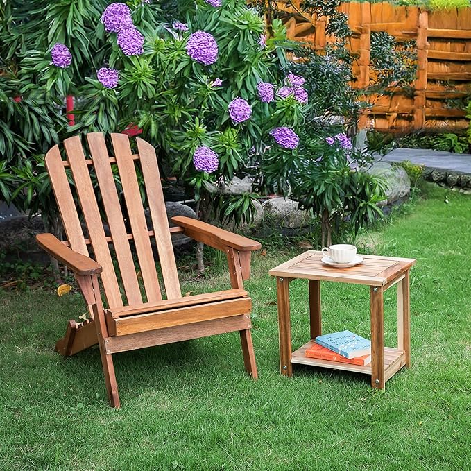 VICTORY RELAX Solid Acacia Wood Side Table with 2-Tier Storage, Weather-Resistant Outdoor Indoor End Table, Light Natural Rustic Color Night Stand