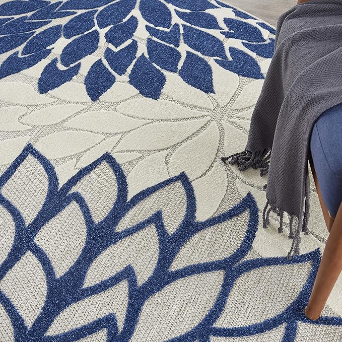 Nourison Home Aloha Ivory Navy 7'10" x Round Area Rug - Easy Clean, Non Shedding, Bed Room, Living Room, Dining Room, Kitchen (8' x Round)