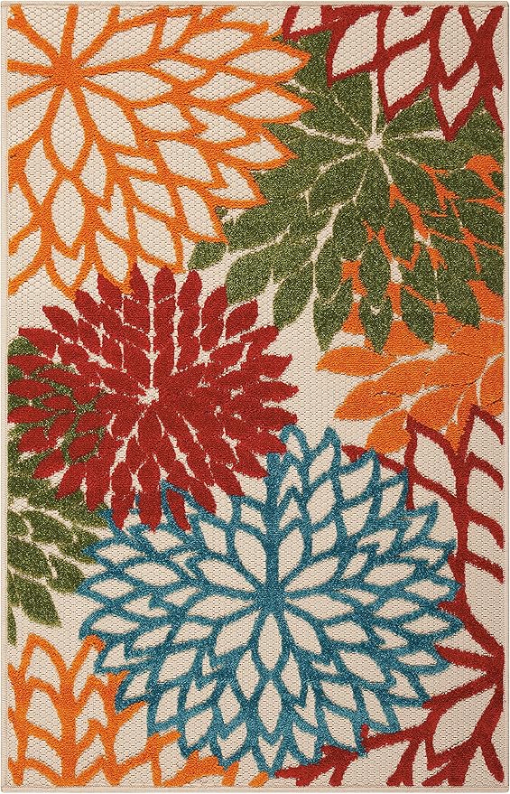 Nourison Home Aloha Indoor/Outdoor Green 2'8" x 4' Area Rug, Tropical, Botanical, Easy Clean, Non Shedding, Bed Room, Living Room, Dining Room, Deck, Backyard, Patio (3x4)