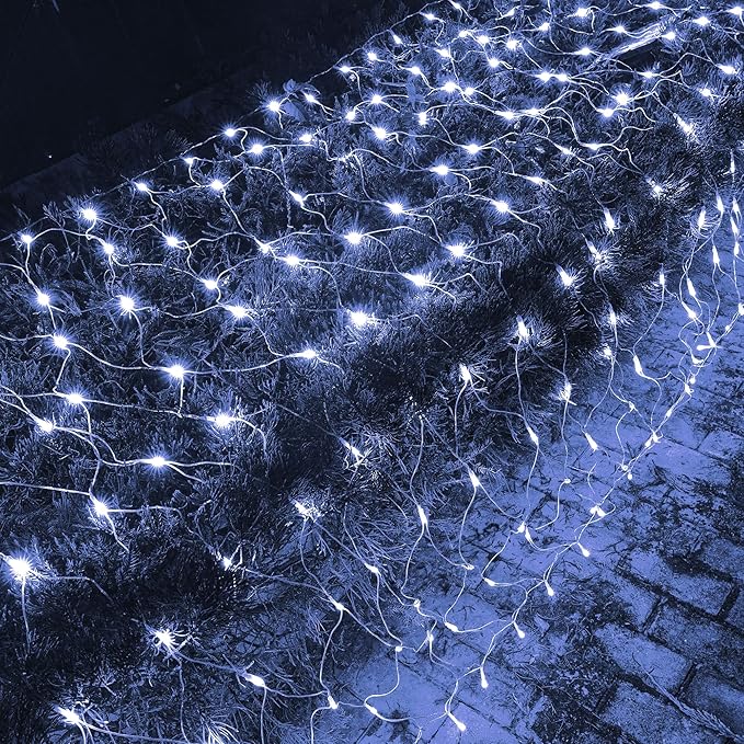 Dazzle Bright Christmas 360 LED Net Lights, 12FT x 5 FT Connectable Waterproof String Lights Clear Wire with 8 Modes, Christmas Decorations for Indoor Outdoor Xmas Party Yard Garden Decor (White)