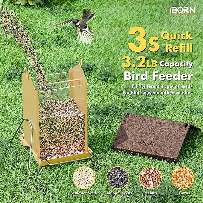 iBorn Bird Feeders for Outdoors,Bird Feeder with Weatherproof Metal Roof & 8 Drain Holes,Fully Detachable Birdfeeder Design,Easy to Refill & Clean,Chew-Proof PC Windows,3.2 Lbs Capacity,Coffee Roof