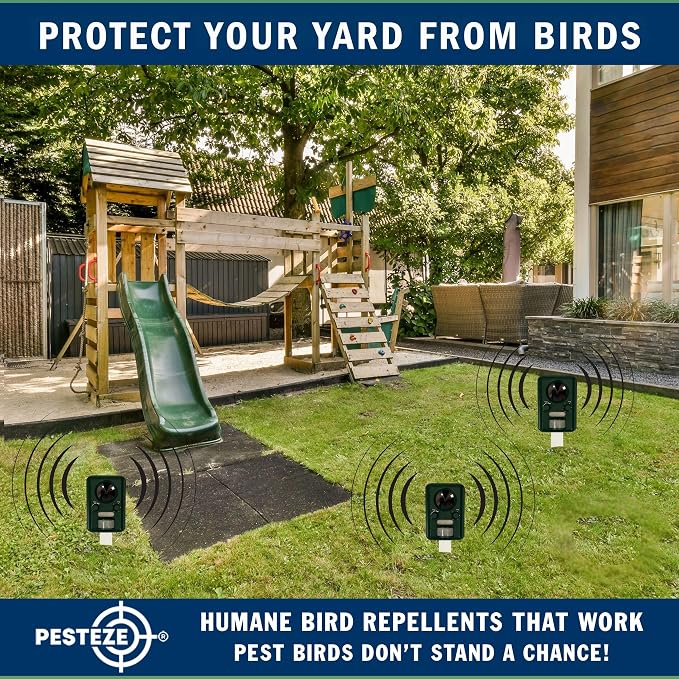 PESTEZE USA Solar Ultrasonic Bird Repeller– Motion-Activated Deterrent with Ultrasonic Sound to Deter Birds, Geese, Pigeons, Crows, & Small Critters; Outdoor Powered Device for Humane Yard Protection
