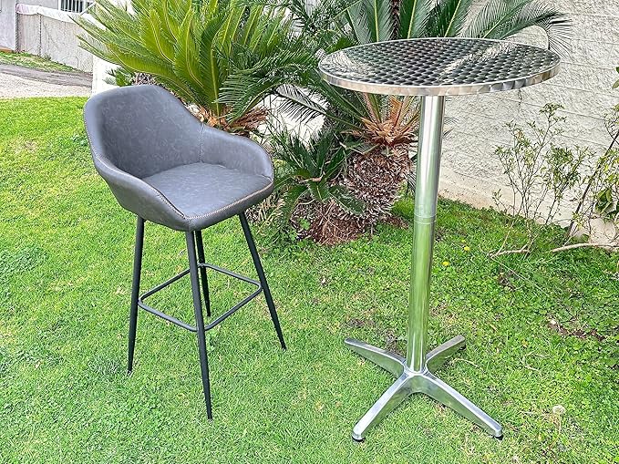BTEXPERT Set of 2, Aluminum Indoor Outdoor 23.75" Round Restaurant Bar Height 44" Table fix top, Patio Stainless Steel Silver Furniture 25.75" Base