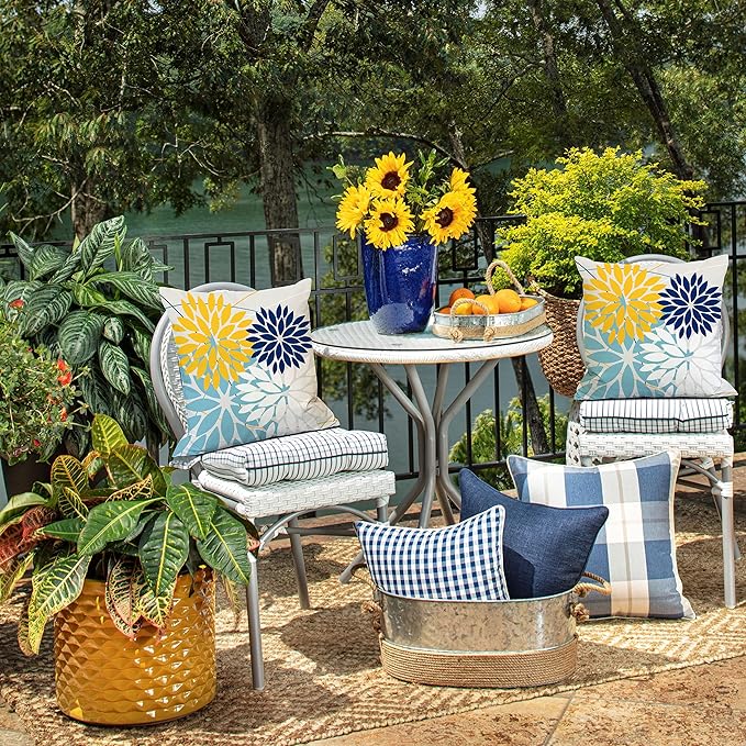DFXSZ Outdoor Throw Pillow Covers 16x16 Inch Set of 2 Waterproof Spring Summer Geometric Elegant Yellow Blue Outdoor Pillow Covers for Patio Funiture Garden Couch 158W16