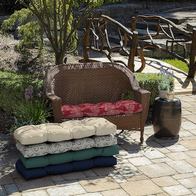 Arden Outdoor Wicker Settee Cushion, 41.5 x 18, Rain-Proof, Fade Resistant Red Leaf Palm