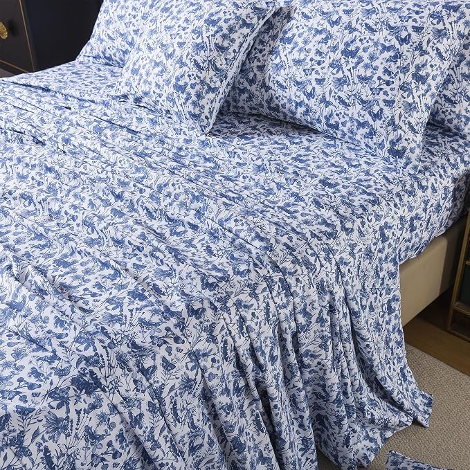FADFAY Blue Toile Sheets Set Twin French Country Vintage Farmhouse Bedding Exotic Scenic Buttterfly Floral Bedding 100% Egyptian Cotton Soft Breathable Sheet Set with Deep Pocket Fitted Sheet 4Pcs