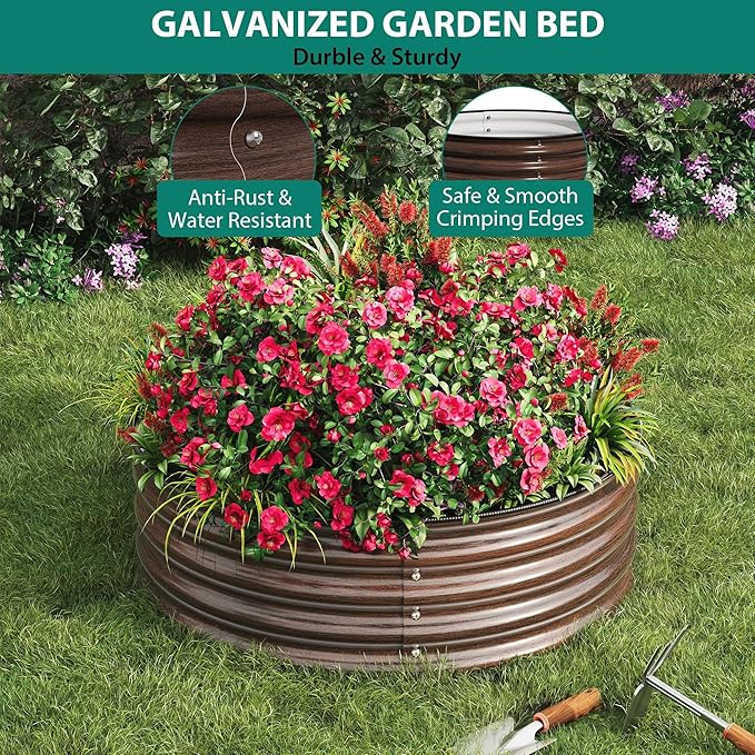 Garvee Round Raised Garden Bed, 3PCS 2 x 1ft Galvanized Raised Boxes with Rust-Resistant, Easy Assembly, Safe Edge, Metal Garden Bed Kit for Planting Vegetables, Fruits, Flowers, Wood
