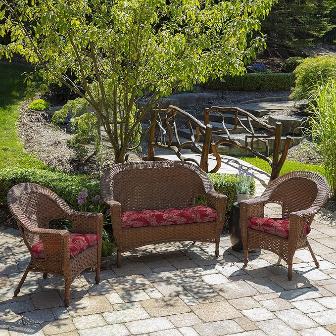 Arden Outdoor Wicker Settee Cushion, 41.5 x 18, Rain-Proof, Fade Resistant Red Leaf Palm
