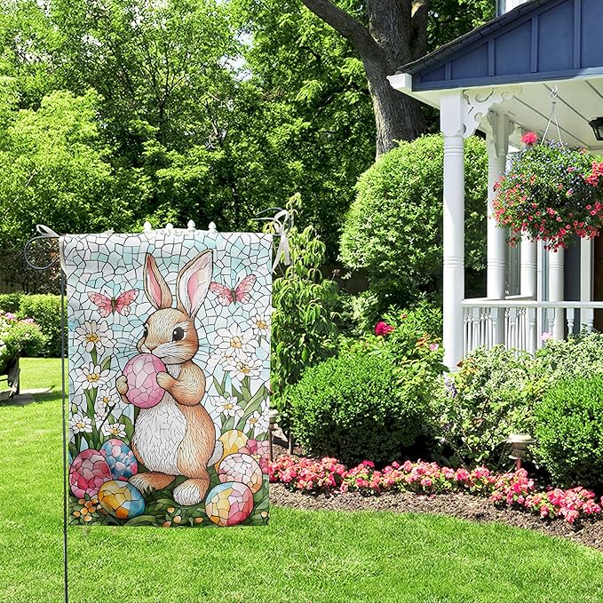 Easter Bunny Garden Flag for outside 28x40 Double Sided Stained Glass Rabbit Flag Easter Egg House Flag Lily Spring Outdoor Flag Large