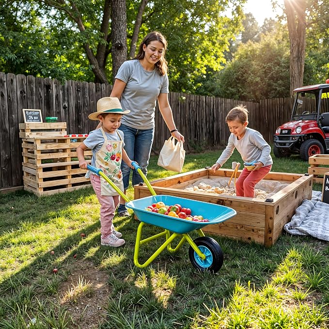 G & F Kids Metal Wheelbarrow, Child-Size Steel Garden Wheelbarrow for Toddlers & Kids, Sturdy Single-Wheel Design for Outdoor Play, Gardening & Sandbox Fun Activities, 28" H x 12" W Kid Size
