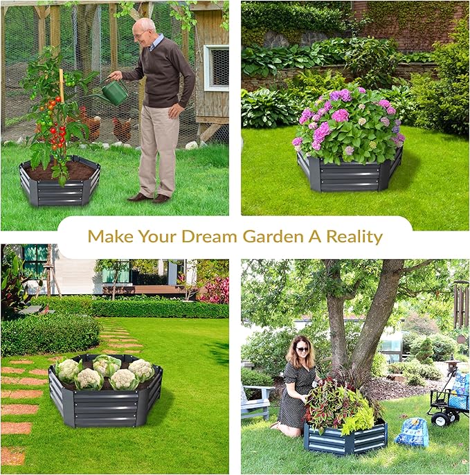 Sunnydaze Galvanized Raised Garden Bed Kit - 4x3x1 ft Outdoor Raised Garden Bed - Metal Planter Box for Vegetables, Flowers, Herbs - Dark Gray - Hexagon