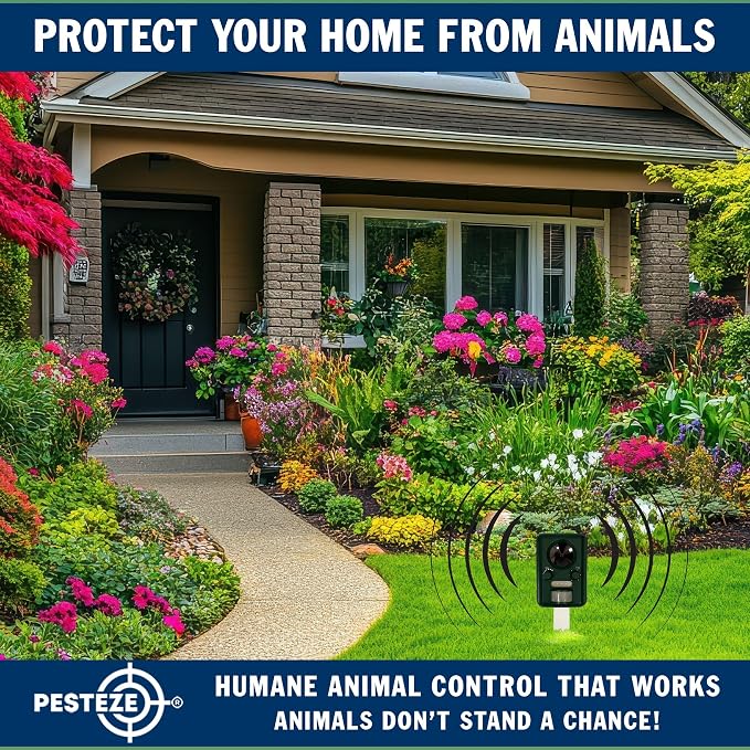 PESTEZE USA Solar Ultrasonic Animal Repellent – Detects & Deters Unwanted Skunk, Deer, Coyote, Fox, Wolf, Rabbit, Raccoon & Birds Using Motion Activation; Outdoor Pest Protection for Yards & Livestock