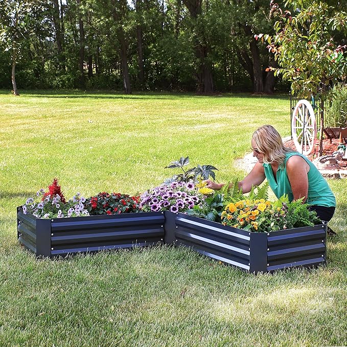 Sunnydaze Galvanized Raised Garden Bed Kit - 5x5x1 ft Outdoor Raised Garden Bed - Metal Planter Box for Vegetables, Flowers, Herbs - Dark Gray - L-Shaped