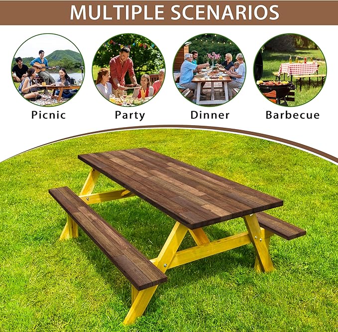 Picnic Table Cover with Bench Covers Camping Essentials Wooden Brown Outdoor Table Cloth with Elastic Rustic Waterproof Fitted Camping Tablecloth for RV Picnic Travel