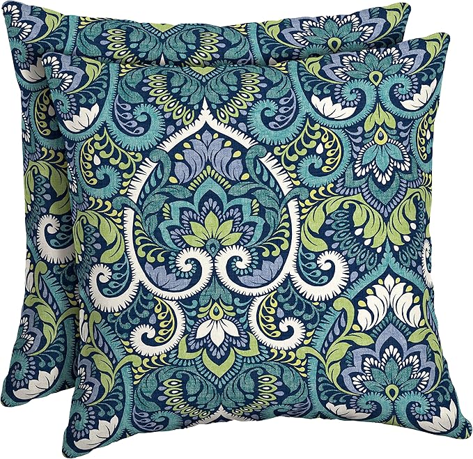Arden Outdoor Toss Pillow, 2 Pack, 16 x 16, Rain-Proof, Fade Resistant Sapphire Aurora Blue Damask