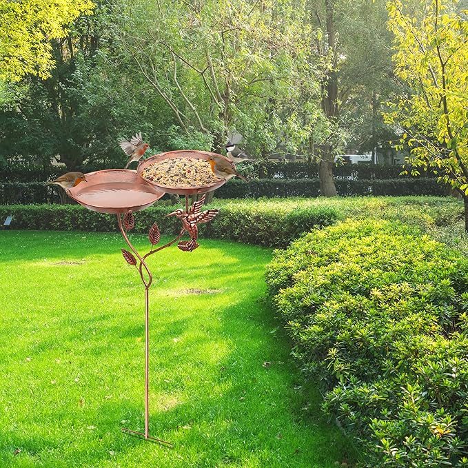 36.6 Inch Rose Gold Metal Bird Bath for Outside - Standing Bird Feeder with Dual Flower Bowls Detachable Birdbath with Hummingbird Decor Metal Stake Base for Garden Yard Outdoor