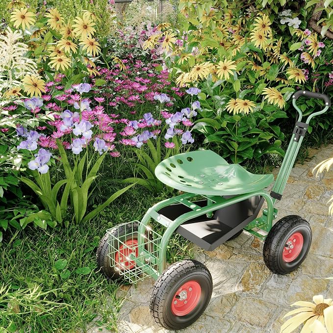 Garden Cart Workseat with Wheels, Rolling Gardening Stool with 360° Swivel Seat, Wagon Scooter with Steering Handle & Utility Tool Tray for Planting, Weeding, Lawn Care