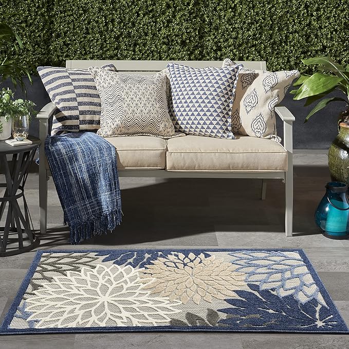 Nourison Home Aloha Indoor/Outdoor Blue/Multicolor 3' x 5' Area Rug, Tropical, Botanical, Easy Cleaning, Non Shedding, Bed Room, Living Room, Dining Room, Deck, Backyard, Patio (3x5)