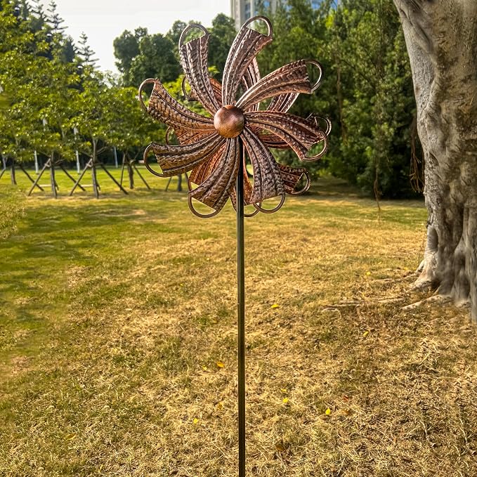 Wind Spinners Outdoor, Copper Flower Double-Sided 360° Wind Spinner with Stake, Metal Garden Yard Decor (12.3" Dia x 54" H)