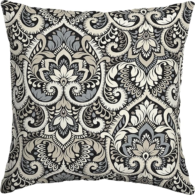 Arden Outdoor Toss Pillow, 16 x 16, Rain-Proof, Fade Resistant Black Aurora Damask