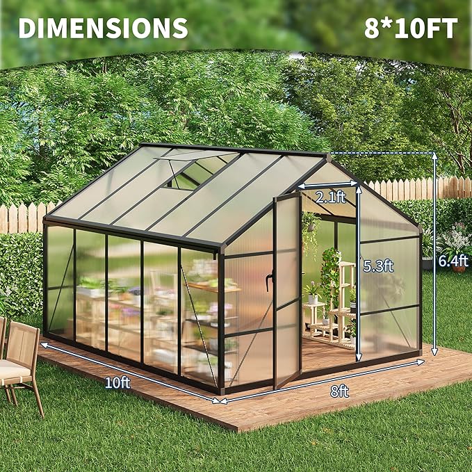IDEALHOUSE 8×10 FT Greenhouse, Large Walk in Greenhouses for Outdoors and Garden Planting, Polycarbonate Greenhouse with Enhanced Aluminum Frame, Green Houses with Quick Setup Structure and Roof Vent