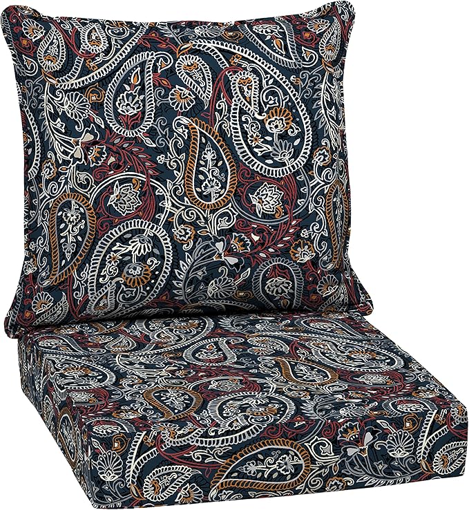 Arden Outdoor Deep Seat Cushion Set, 24 in x 24 in, Weather-Proof, Rain-Proof, Fade Resistant Patio Cushion for Chair, Sofa, and Couch Navy Palmira Paisley