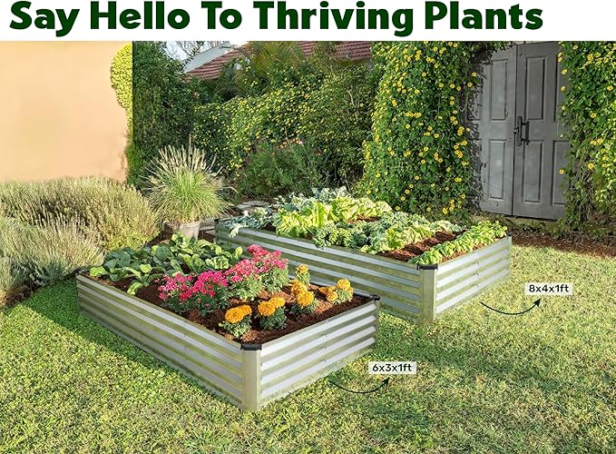 Plant & Plot Galvanized Raised Garden Beds Outdoor // 6×3×1 ft (2-Pack) Planter Raised Beds for Gardening, Vegetables, Flowers // Large Metal Garden Box // Patented Tool-Free Design (Silver)