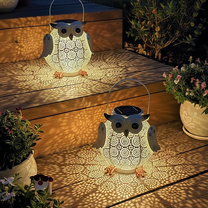 2 Pack Hanging Solar Lanterns - Garden Light Waterproof Metal Decorative Solar Lantern Lights Outdoor for Patio Yard Table Pathway (White owl 2pk)