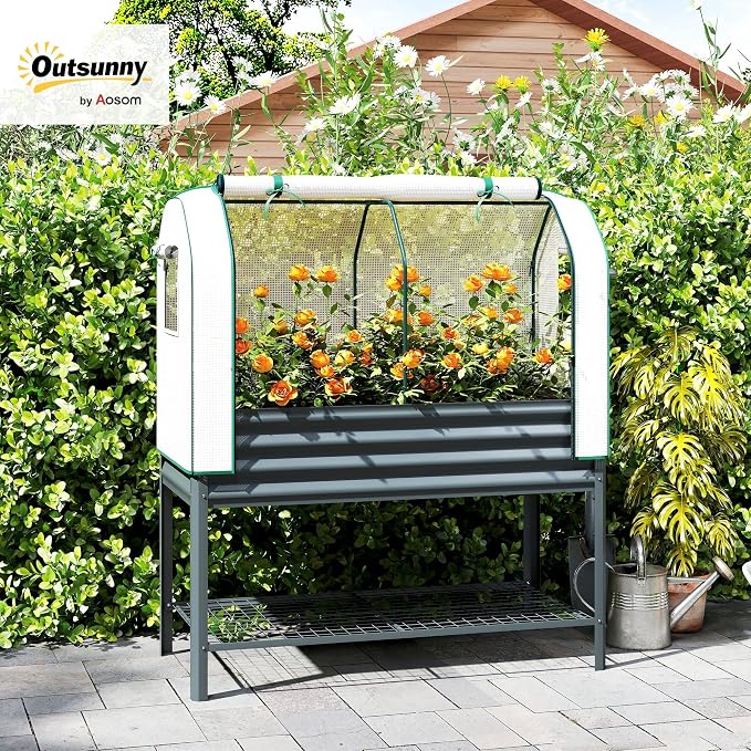 Outsunny Galvanised Raised Garden Bed with Greenhouse Cover, Metal Elevated Garden Bed with Legs, Bed Liner and Bottom Shelf, Outdoor Raised Planter Box for Vegetables, Herbs, Flowers, Dark Gray