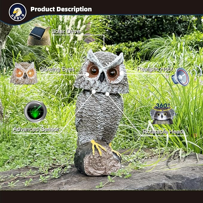 Solar Powered Garden Owl with Motion Detection, Rotating Head, Realistic Hoots and Silent Mode, Outdoor Statue and Sculpture, Owl Decoration for Home, Garden, Patio and Lawn