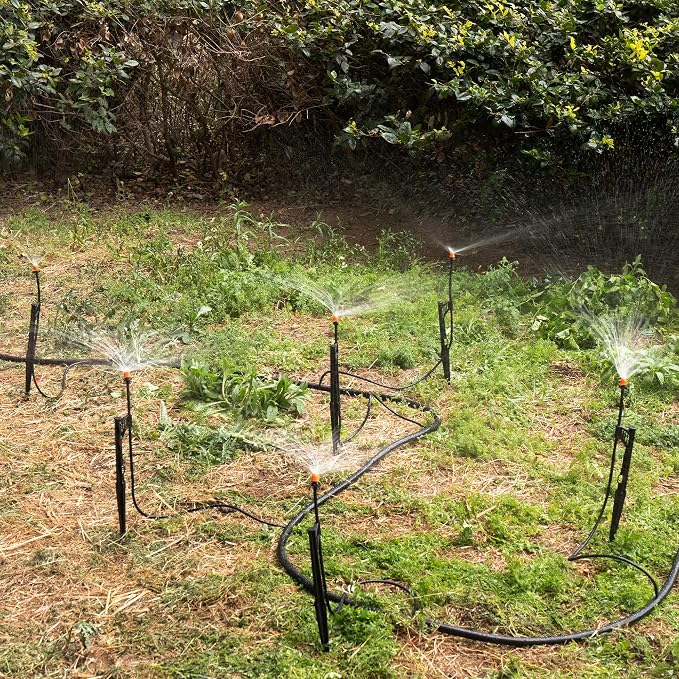 12 Sets 360°Drip Micro Spray Emitters with Sprinkler Stake, Drip Sprinkler Heads with Adjustable Riser 1/4" Irrigation Tubing and Barbed Coupler,Micro Sprinkler Assembly for Garden Irrigation System