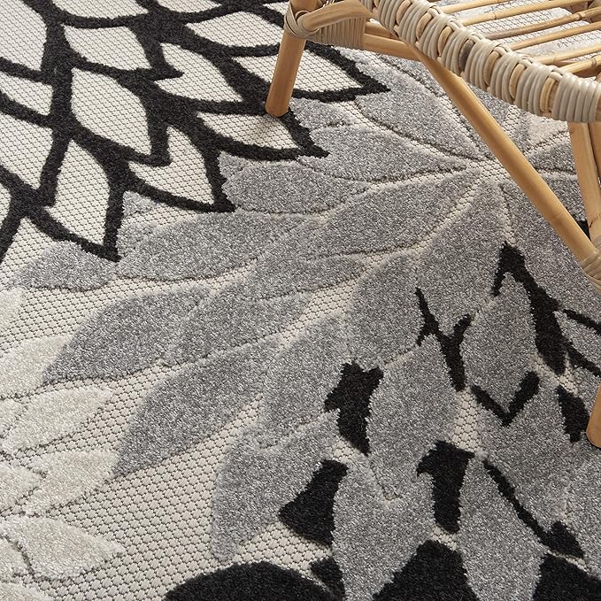 Nourison Home Aloha Indoor/Outdoor Black White 3'6" x 5'6" Area Rug, Tropical, Botanical, Easy Cleaning, Non Shedding, Bed Room, Living Room, Dining Room, Deck, Backyard, Patio (3x5)