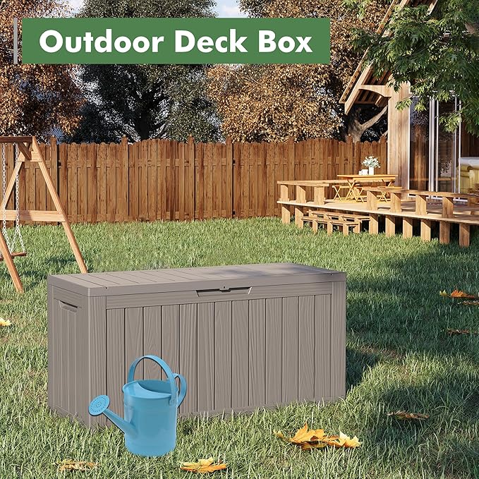 LHBGO 80 Gallon Deck Box Large Outdoor Storage Boxfor Patio Furniture,Outdoor Cushions, Garden Tools, Sports Equipment and Pool Supplies, Waterproof, Resin, Lockable