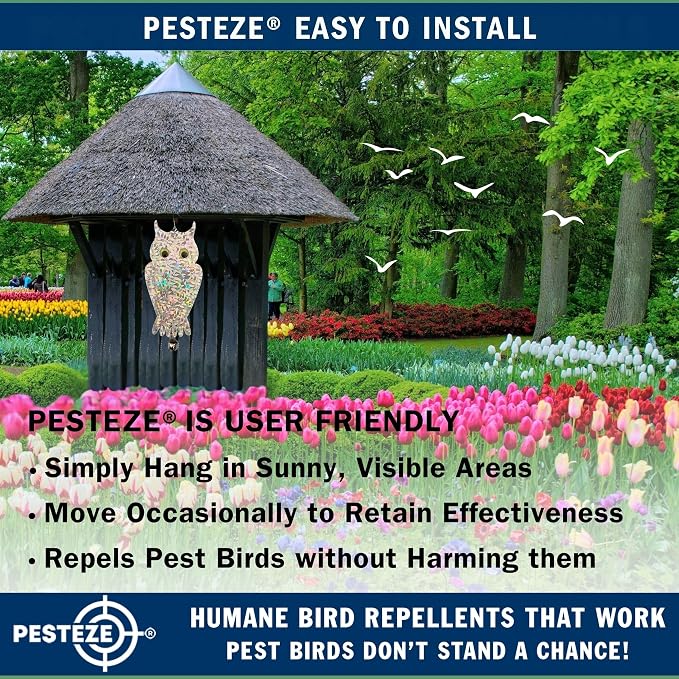 PESTEZE USA Owl Bird Deterrent Reflective Hanging Decoy Repellent with Bell, 4 Pack 6 x 13.5 in Shiny Scare Device Keep Birds Away Outdoor Porch Garden Yard Patio Protect Property