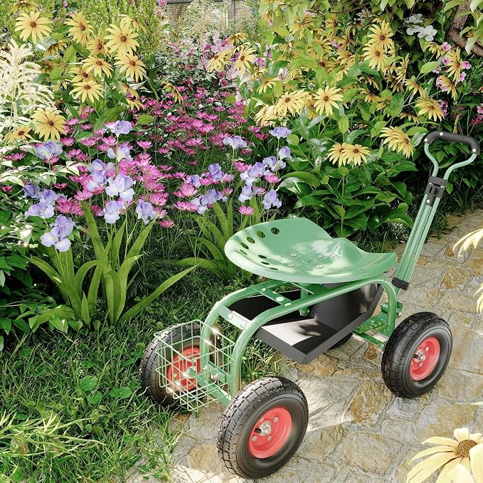 Garden Scooter Rolling Work Seat, 360° Swivel Heavy Duty Garden Cart with 10-Inch All-Terrain Inflatable Tires, Extendable Steering Handle & Metal Tool Tray for Planting, Weeding, Yard Work