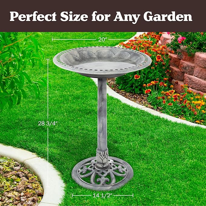 Outdoor Antique-Style Bird Bath - Weather-Resistant Polyresin Basin with Vintage Design and Ground Stakes - Yard and Patio Decor by Pure Garden (Gray)