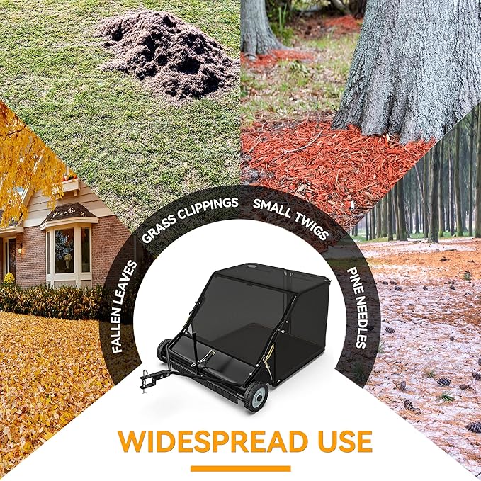 YINTATECH Tow-Behind Lawn Sweeper,42" Pull Behind Heavy-Duty Garden Sweeper with Hopper Bag,Grass Collector,Adjustable Brush Height,Anti-Splash Cover,Dumping Rope from Seat Handle for Yard Lawn