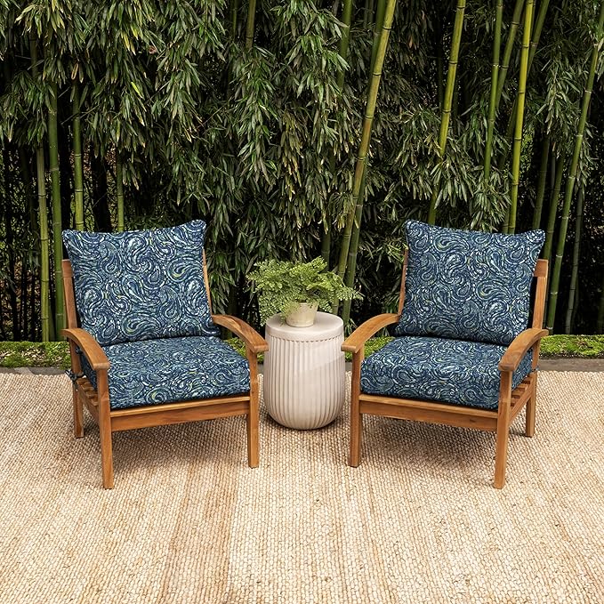 Arden earthFIBER Outdoor Foam Deep Seat Cushion (2-Pack), 24x24, Premium High-Density Foam, Never Flattens, Weather-Proof for Patio Chair Sofa Couch, Sapphire Blue Ridge Paisley
